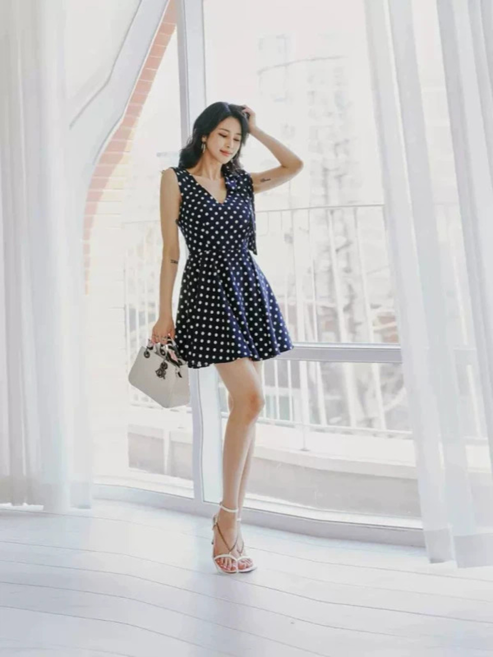 Sweet Summer Polka Dot Square Neck Sleeveless A Line Korean Bow Tie Flared Dress